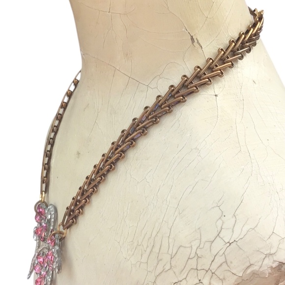 Vintage Pink Rhinestone Flower Necklace, Art Deco Floral Statement Jewelry - Picture 16 of 16